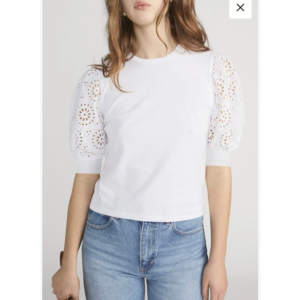 NWOT Women’s FRAME Denim Solstice Eyelet Sleeve T-Shirt in White SZ M